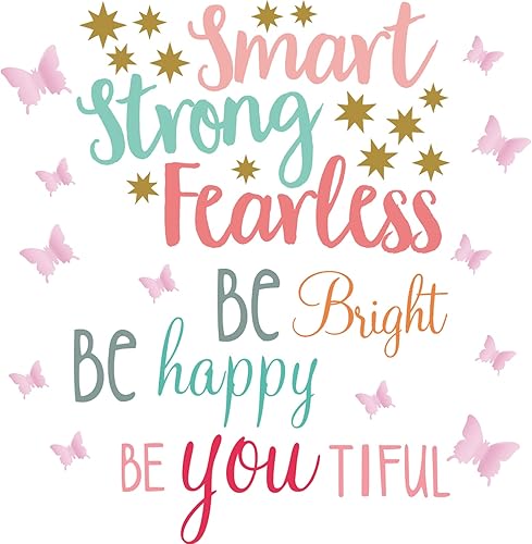 Chinco 20 hojas de calcomanías de pared con citas inspiradoras para niñas, 12 hojas de mariposa 3D rosa pastel, inteligente, fuerte, sin miedo, sé