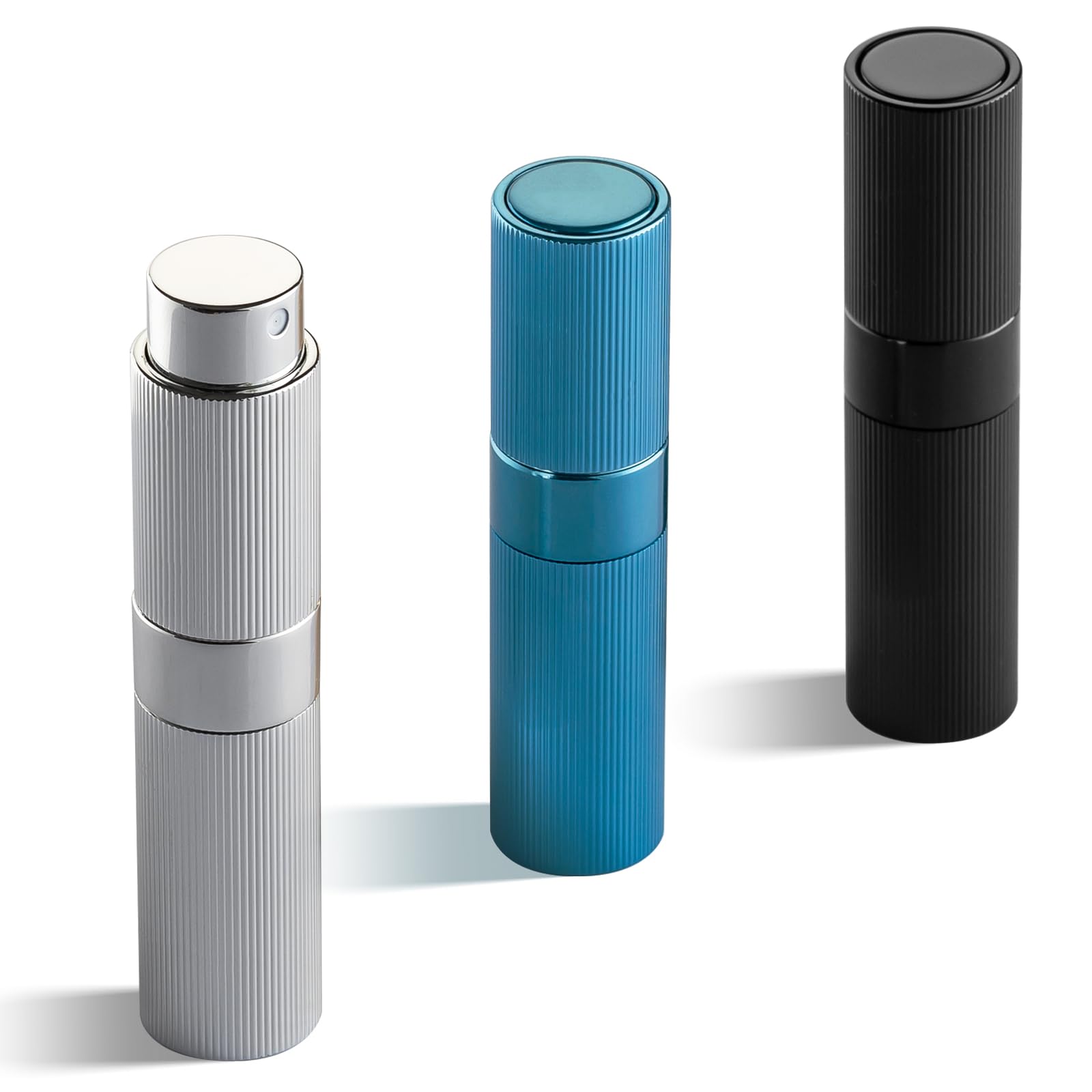 LISAPACK Perfume Travel Refillable Bottle - Atomizer Cologne Spray for Men Portable - Mini Sprayer Empty for Refill - Small Size 8ML Striped (Black, Silver, Blue)
