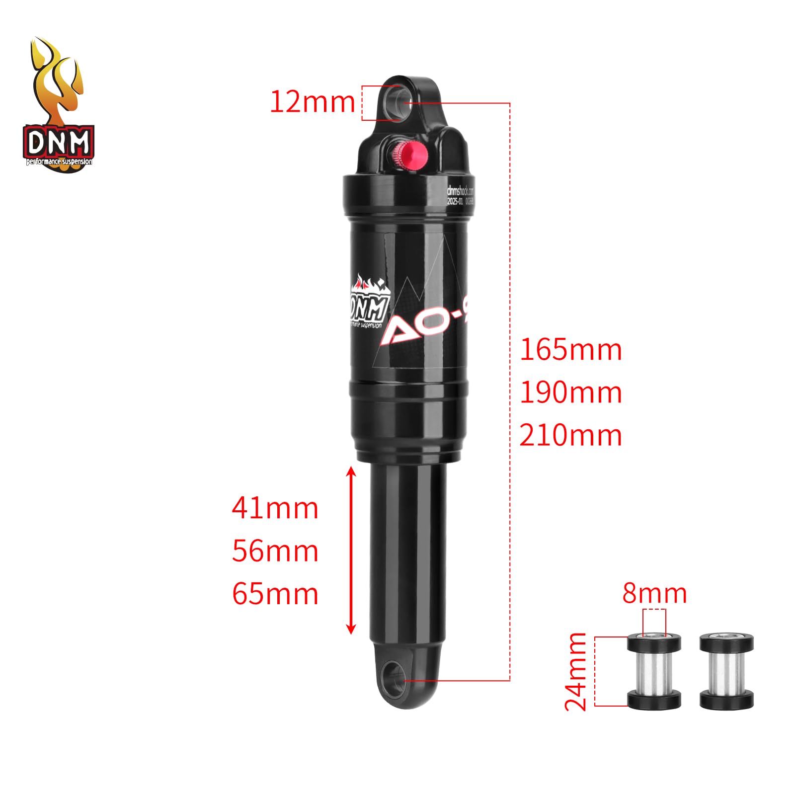 DNM AO-9 Air Suspension Shock Absorber, 65/56/41mm Travel, 150-275PSI Adjustable, Lightweight Aluminum Alloy MTB Suspension for 210/190/165mm, Waterproof & Dustproof(AO9-165 x 41mm)