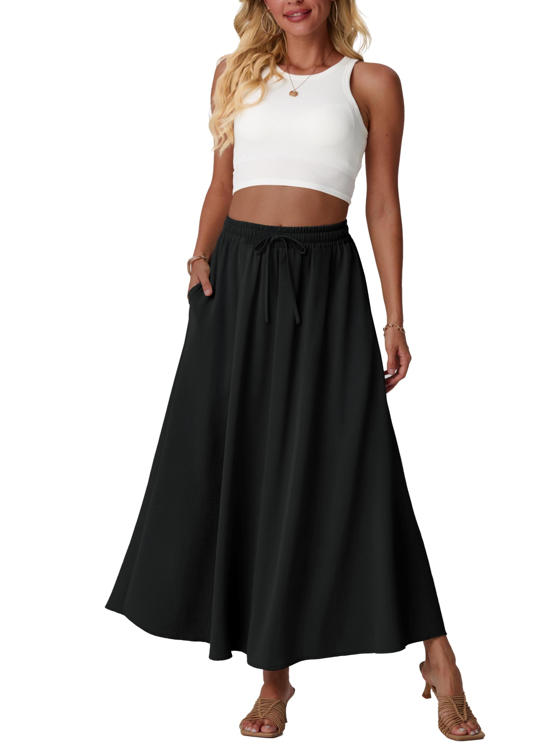 QIXING Maxi gonna lunga e fluida da donna, a vita alta, bohémien, estiva, svasata, con vita elasticizzata e tasche