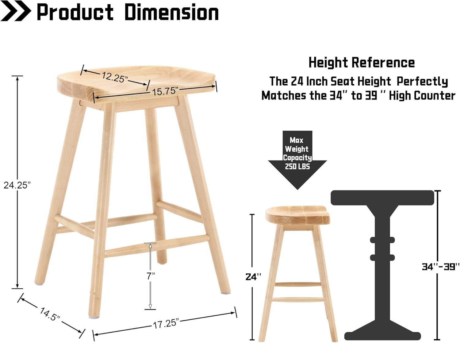 HNY Backless Counter Height Bar Stools Set of 2, 24’’ Rustic Farmhouse Wooden Saddle Stools Ergonomic-Seat Bar Chairs, Bar Height Barstools for Kitchen Counter Island, Natural