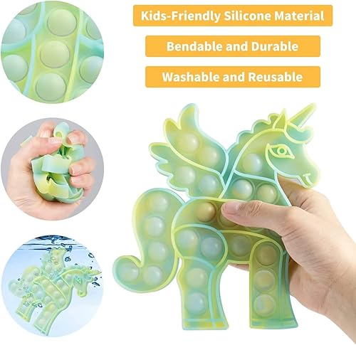 Miniatura 5 de Juguetes de unicornio para reventar burbujas que brillan en la oscuridad, 1 paquete de unicornio fluorescente para aliviar el estrés, juguetes de