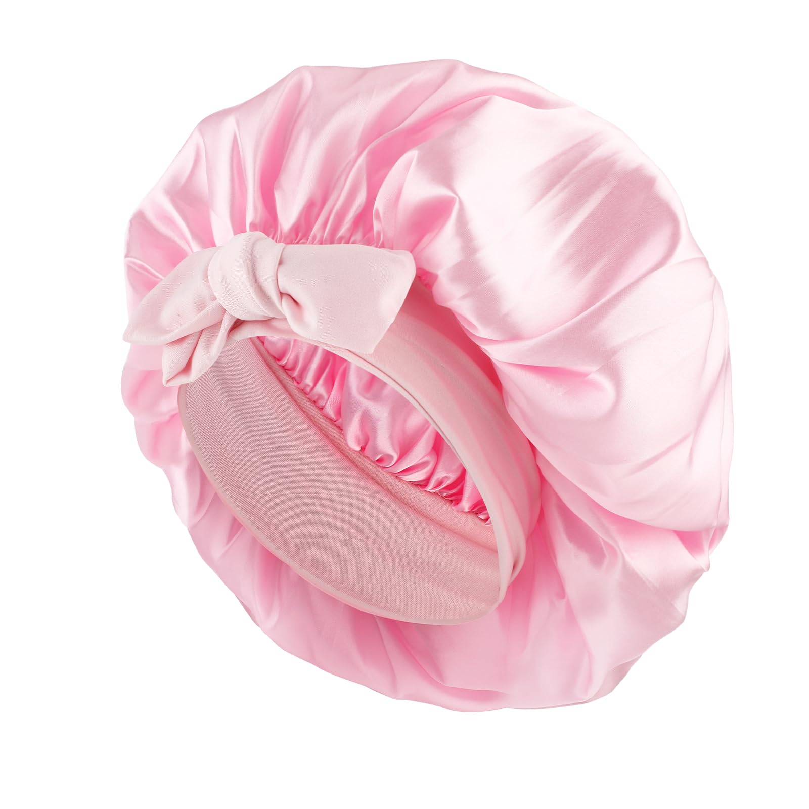 Satijnen bonnet om te slapen, grote zijden slaapmuts satijnen haarbonnets met bedrukte stropdas en scrunchies, douchemutsen voor vrouwen krullend haar (roze
