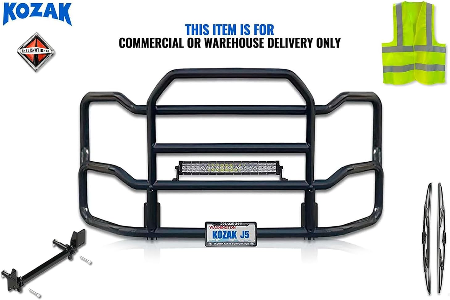 Black Front Grille Deer Moose Brush Bumper Guard Large Compatible with INTERNATIONAL RH (plastic bumper) PLUS Bracket, Logo, 22” LED Bar, Wipers, License Plate Holder and Frame, Vest