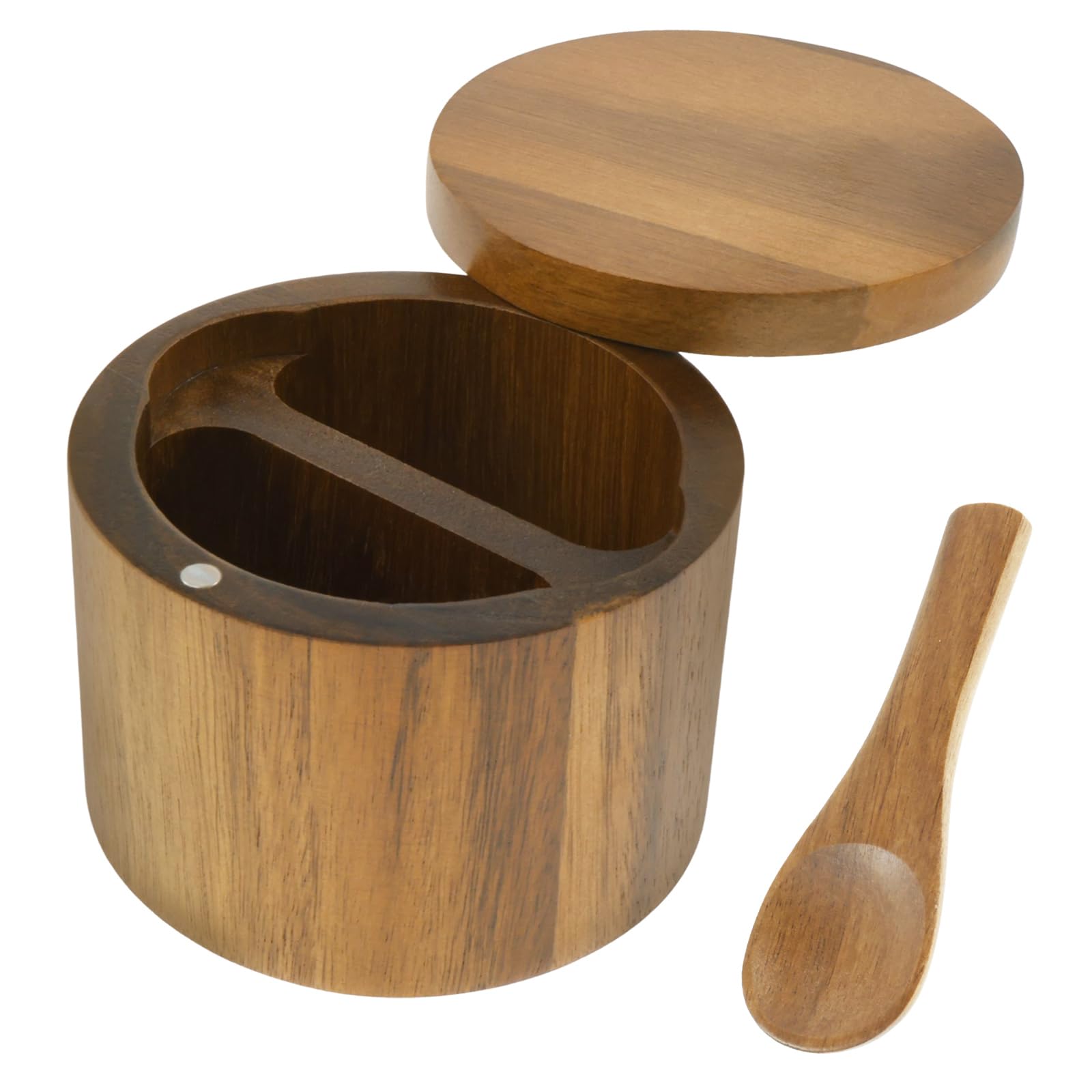 Salzkeller aus Akazienholz, Salzbehälter mit eingebautem Löffel und magnetischem Drehdeckel, Salzstreuer für die Küche, kleine Holzkiste zum Aufbewahren von Gourmetsalzen, Kräutern oder