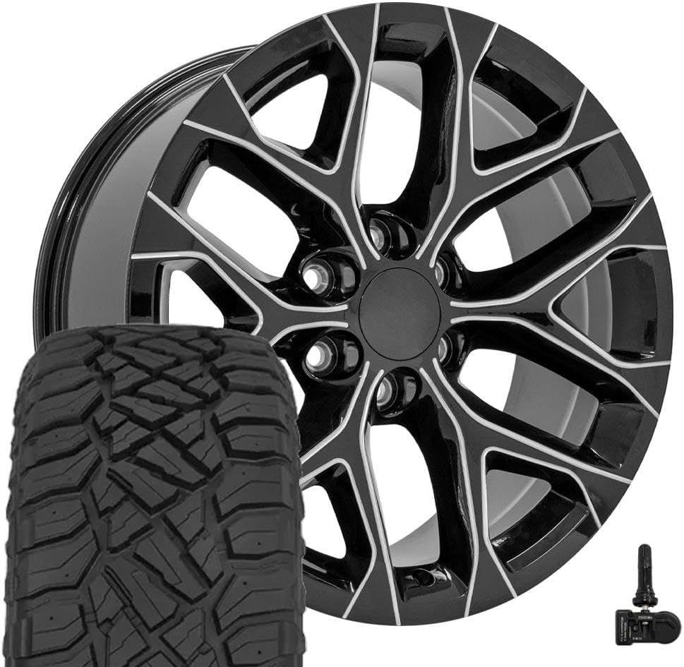OE Wheels CV98B 20 Inch Rims and Tires Fit Silverado 1500 Snowflake Style 6x139.7 20x9 Gloss Black with Milled Edge - Hollander 5668 - TerraMax RT 275/55-20 (Set of 4)