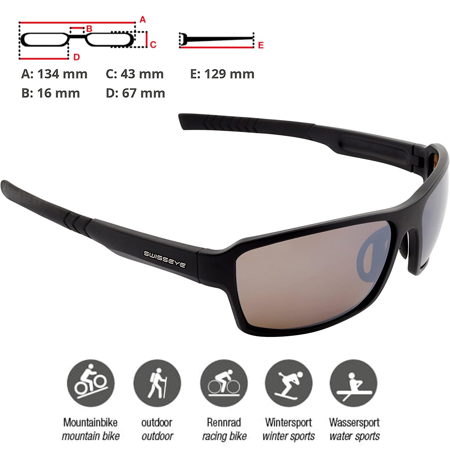 SWISSEYE Freestyle - Occhiali sportivi (100% protezione UVA, UVB e UVC, materiale anti-scheggiatura, zona del naso e estremità di stiratura, gommati, anti-appannamento, con sacchetto in microfibra,