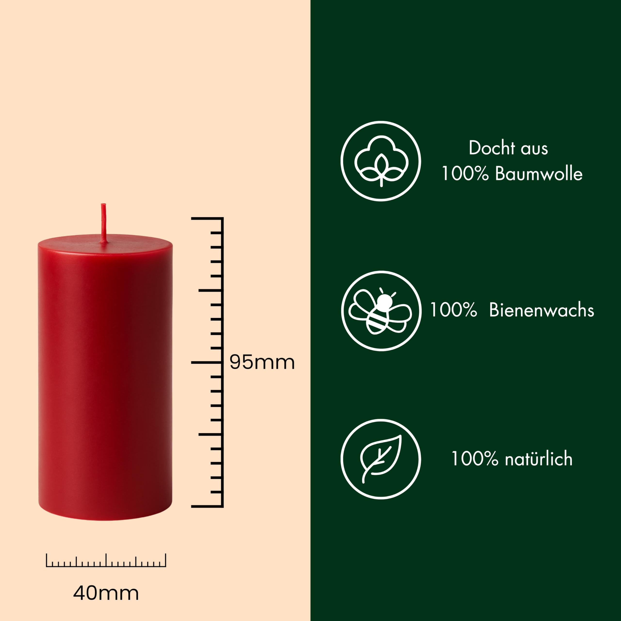 4 Bienenwachskerzen rot kleine Stumpenkerzen aus 100% Bienenwachs Adventskerzen Weihnachtskerzen Honigkerzen 4er Set 95/40mm Docht Biobaumwolle