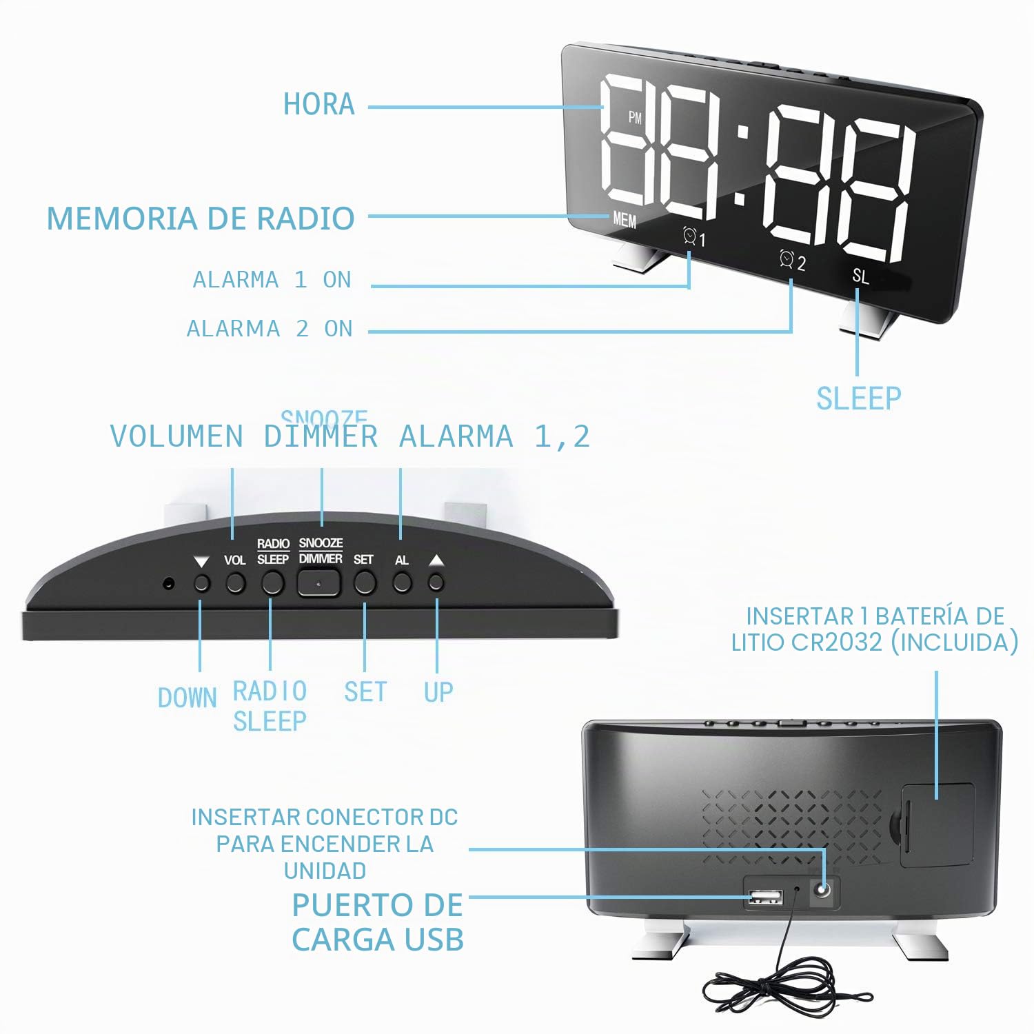 ThreeH Radio Reloj Despertador para Dormitorio con Puertos de Carga USB Dobles 4 Modos de Atenuación Pantalla LED de 7.3 '' Modo de Repetición de 12/24 Horas Función de Repetición Blanco