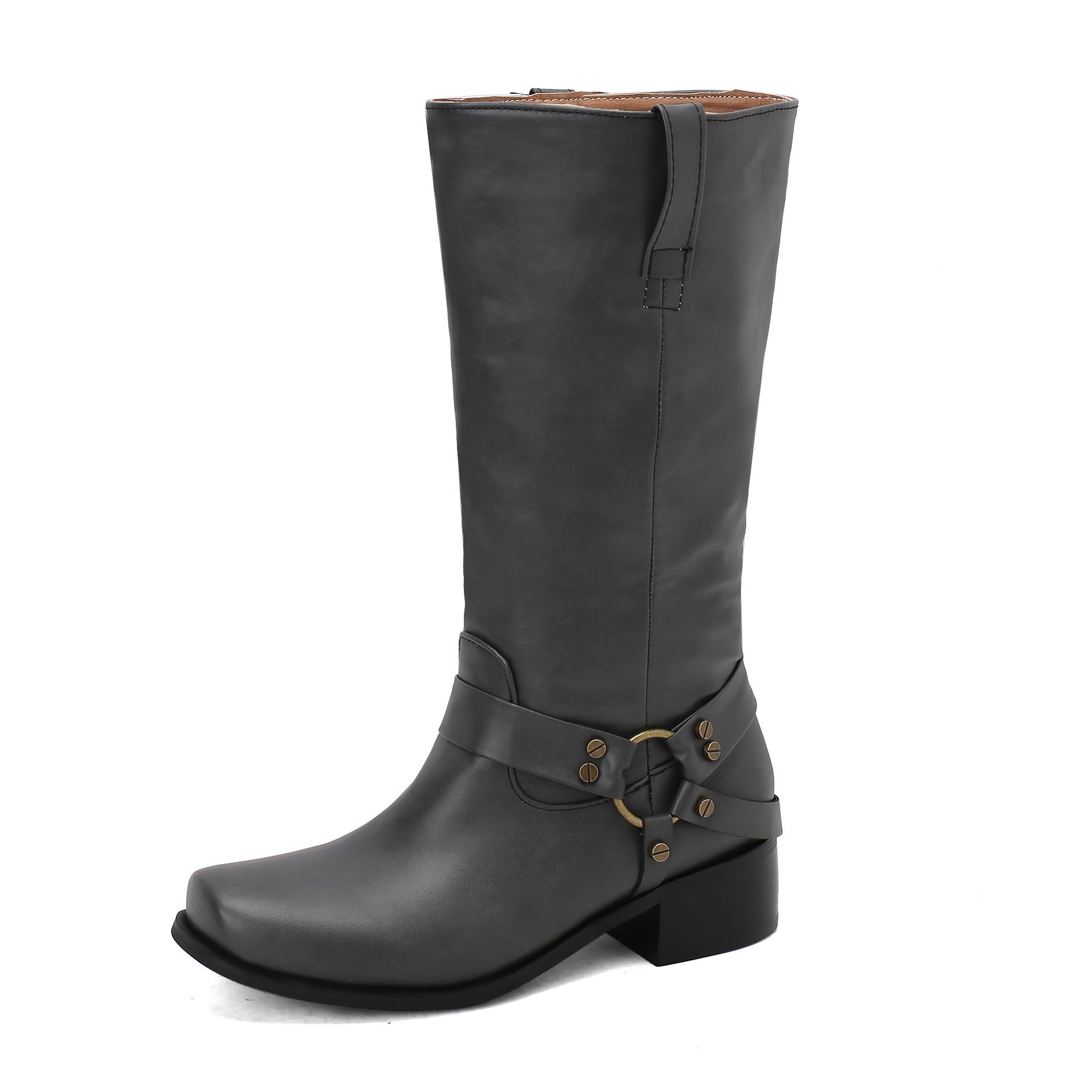BEAUPAS Womens Classic Motorcycle Boots Buckles Biker Mid Calf Riding Boots Harness Ring Square Toe Block Heel Low
