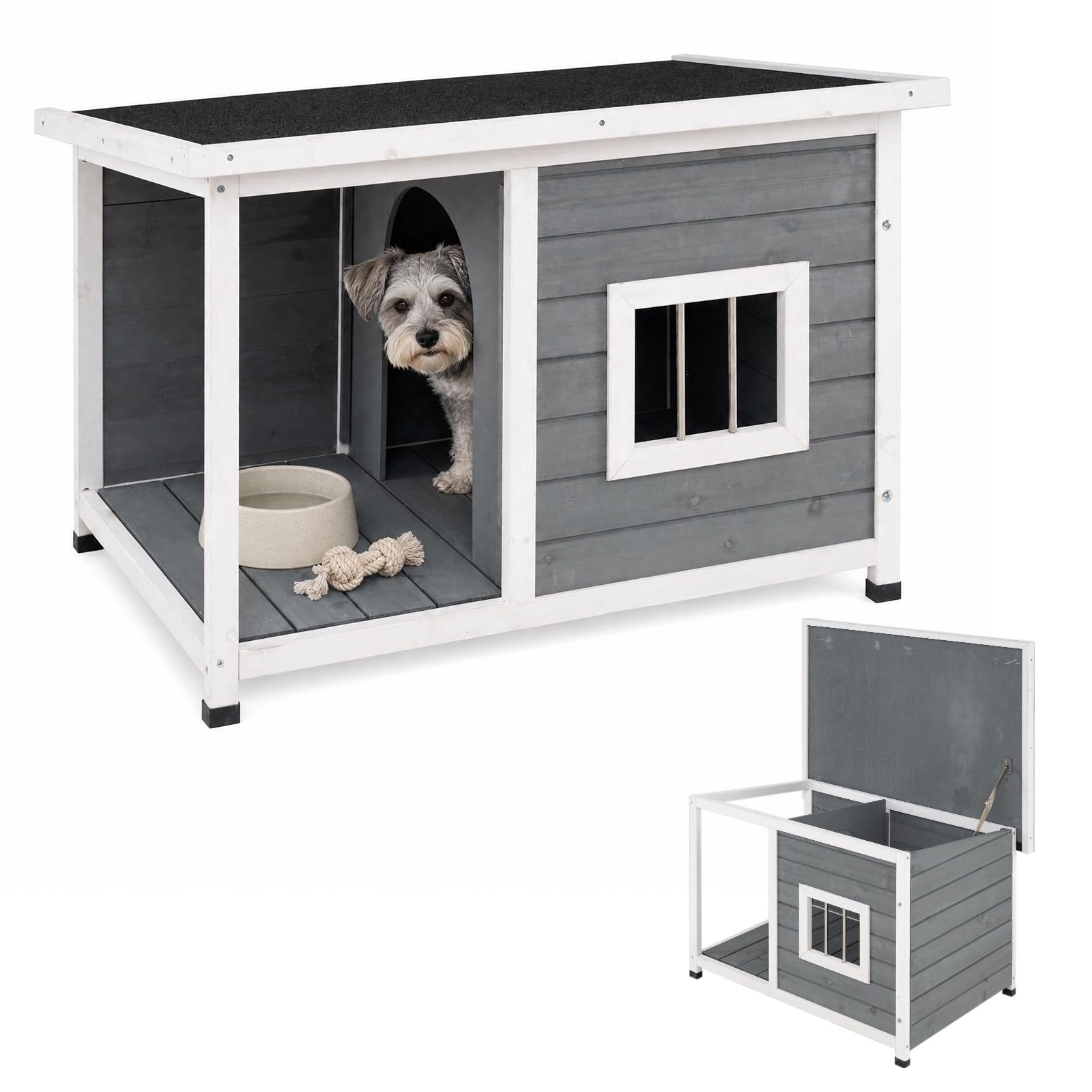 COSTWAY Casa para Mascotas Impermeable con Porche, 86 x 63 x 60 cm | Caseta para Perros con Techo de Asfalto Inclinado Abatible, Base Elevada y Ventana, Perrera Refugio para Interior Exterior