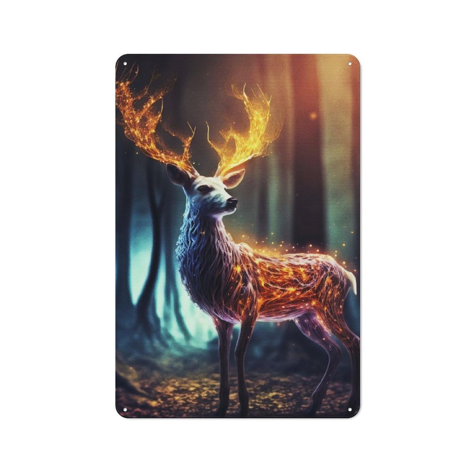 Tin Wall Plaque 30x20cm with Mystical Deer in Forest for Home Bar Wall, for Hosts Who Enjoy Retro Interiors Refreshing A Room in Autumn