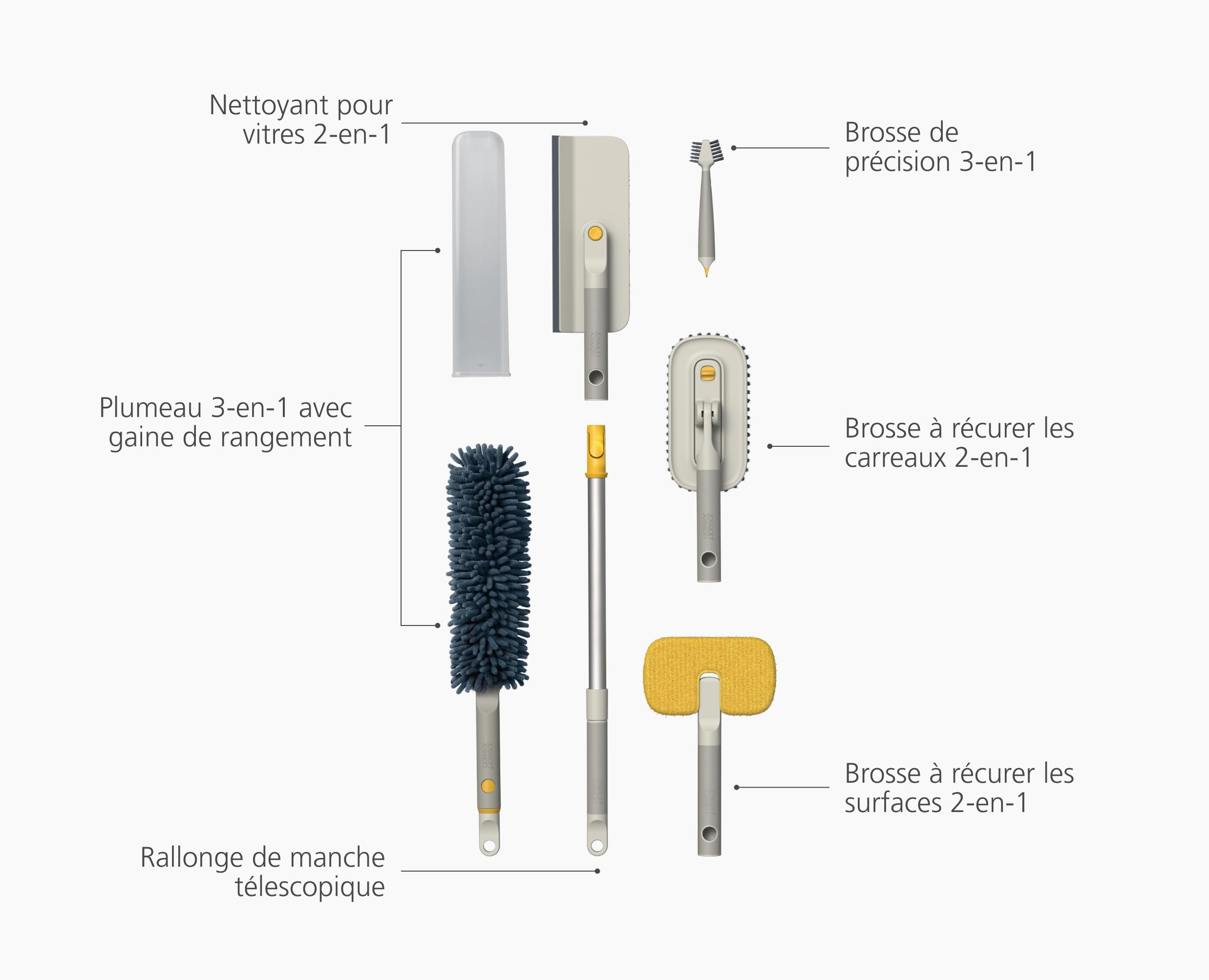 Joseph Joseph CleanTech Set d'Outils de Nettoyage Profond avec Poignée Télescopique, 5 Outils, pour Vitres et Carrelage