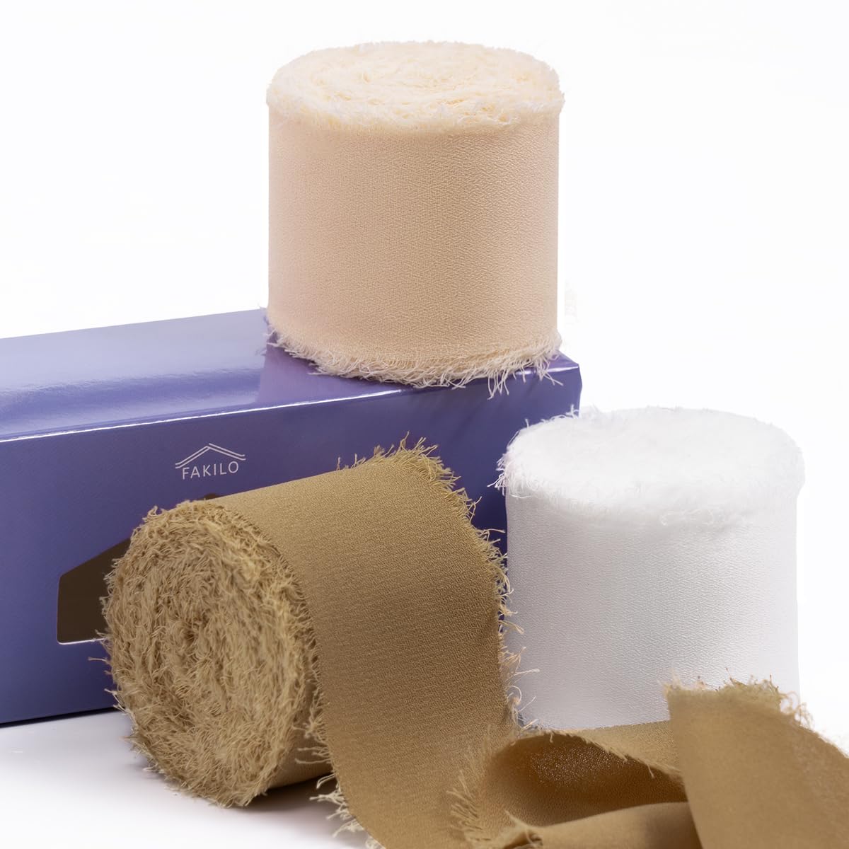 FAKILO Chiffon Ribbon Set, Silk Chiffon Ribbon 3 Rolls 1.5'' x 7 Yd with Frayed Edge for Wedding Invitations Bridal Bouquets