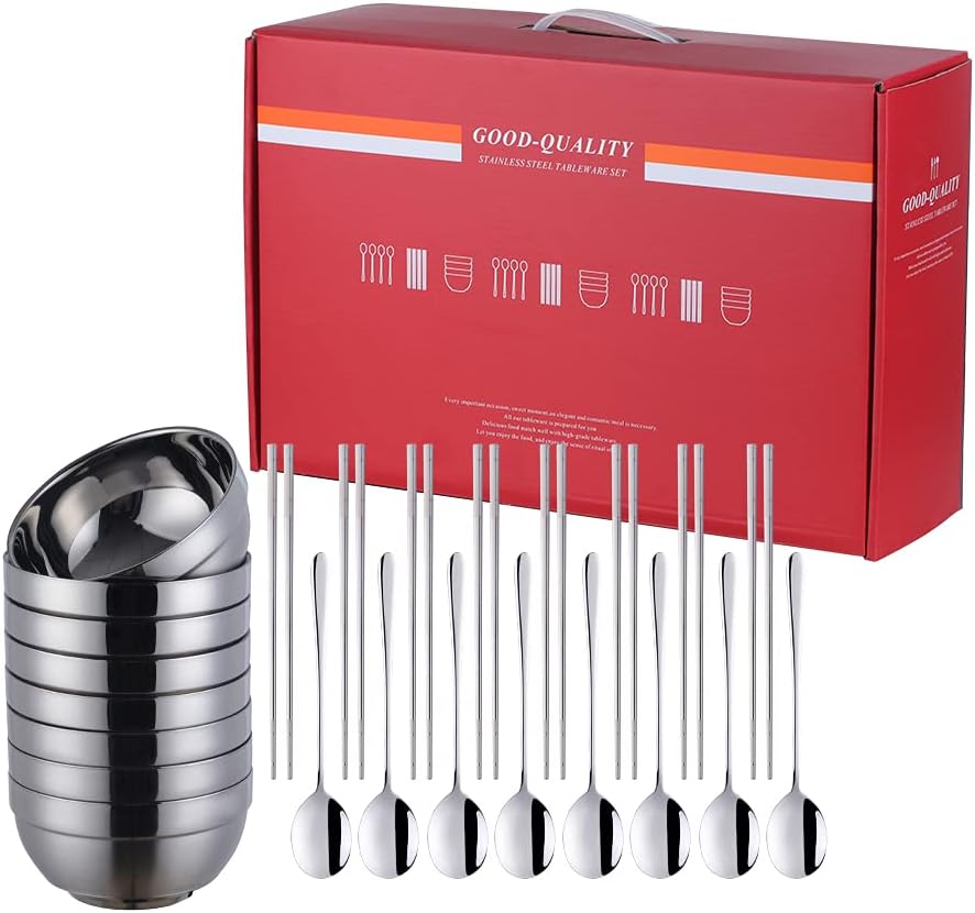 Bowl Set Stainless Steel Double Walled Bowls for Soup Cereal Rice Salad Snack Include Spoons and Chopsticks Set in Gift Box (Silver Set, 16.5 oz)
