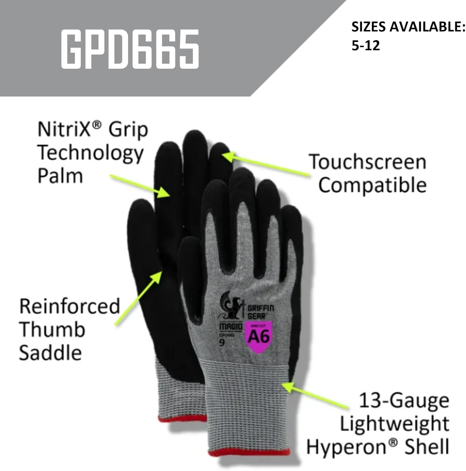 MAGID Griffin Gear ANSI A6 Lightweight Sandy Nitrile Coated Work Gloves, 1 Pair, 10/XL, GPD665