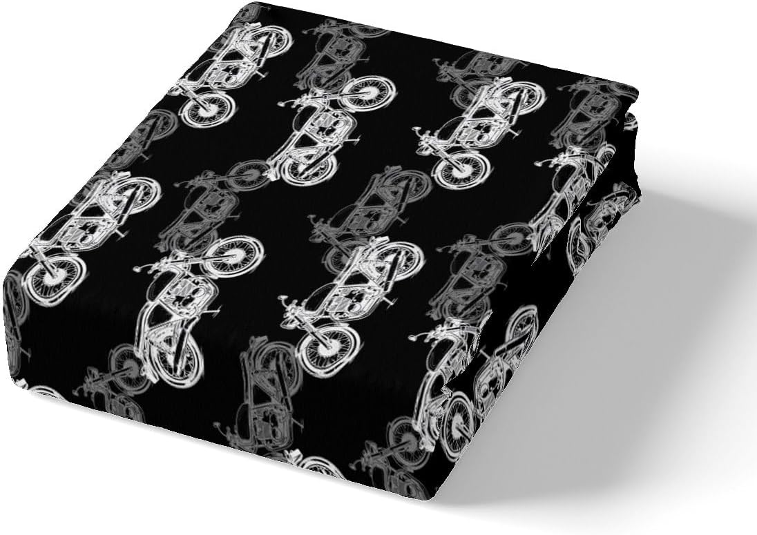 Dirt Bike Full Size Fitted Sheet,80s Vintage Motorcycle Hand Draw Soft Luxury Bedding Set,Black White Cool Motorcross Bed Cover All Round Elastic Pocket with 2 Pillowcases image 5