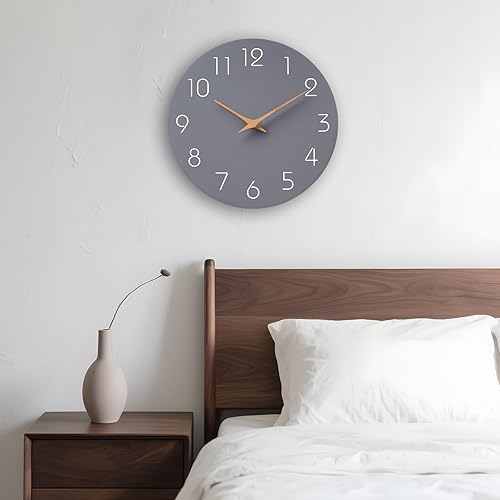 Miniatura 6 de Mosewa Reloj de pared gris de 8 pulgadas, funciona con pilas, silencioso, sin tictac, simple y moderno, reloj de madera decorativo para dormitorio,