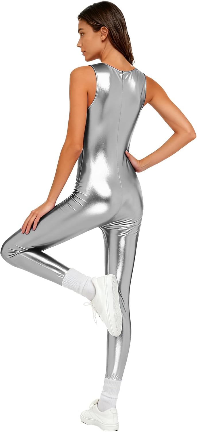 YiZYiF Iridescent Unitard for Women's Metallic Crew Neck Sleeveless Jumpsuit for Yoga Stage Dance