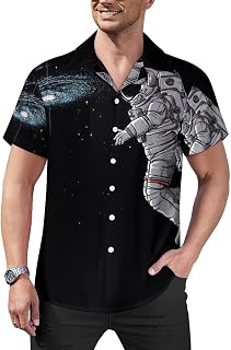 Space Man Funny Moon Mens Shirts Hawaiian Short Sleeved Cuban Collar Graphic Tees Tops