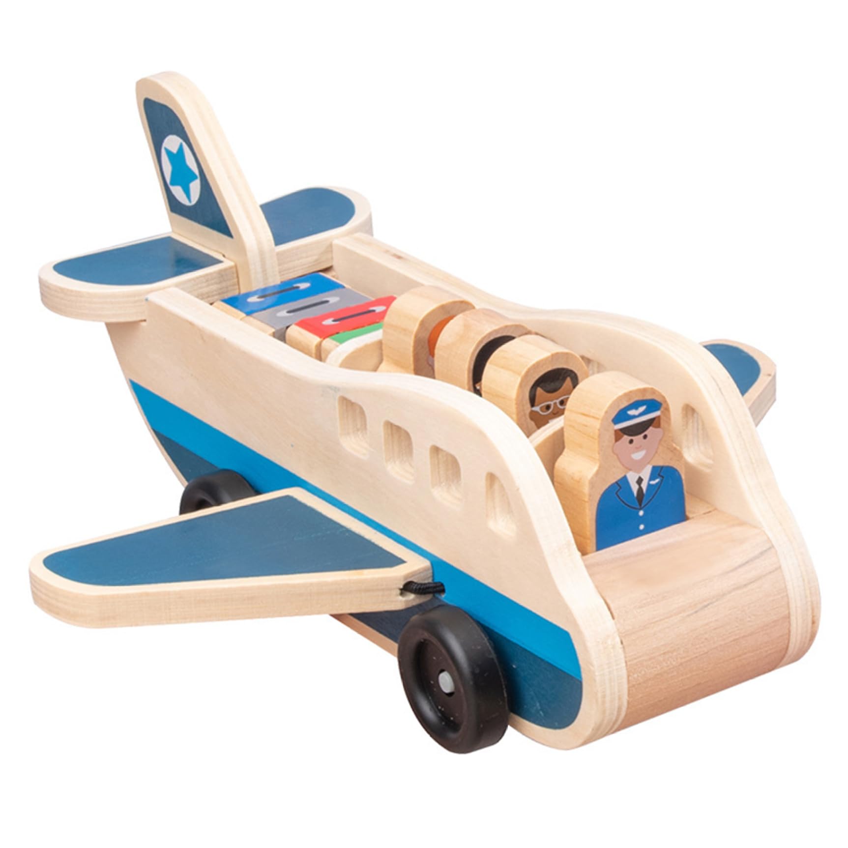 Pesoncarl Wooden Passenger Plane Set, Toy Airplane with 4 Play Figures and 4 Suitcases For Toddlers, Classic Wooden Toys Perfect for Role-Playing and Skill Development, Toys