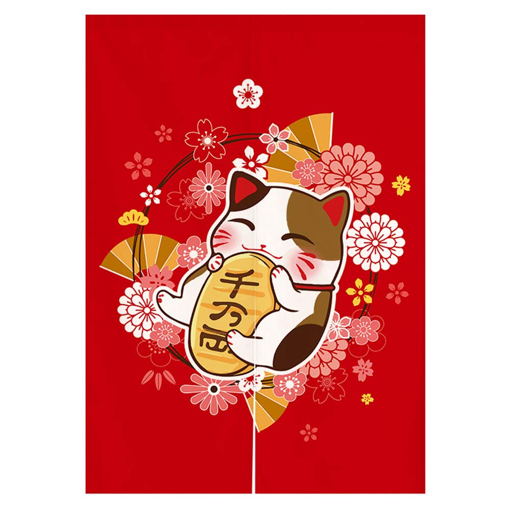 Japanese Noren Doorway Curtain Tapestry Maneki Neko Lucky Cat and Flower Printed Door Curtain Ukiyoe Room Divider Home Decoration, 33 x 47 inches