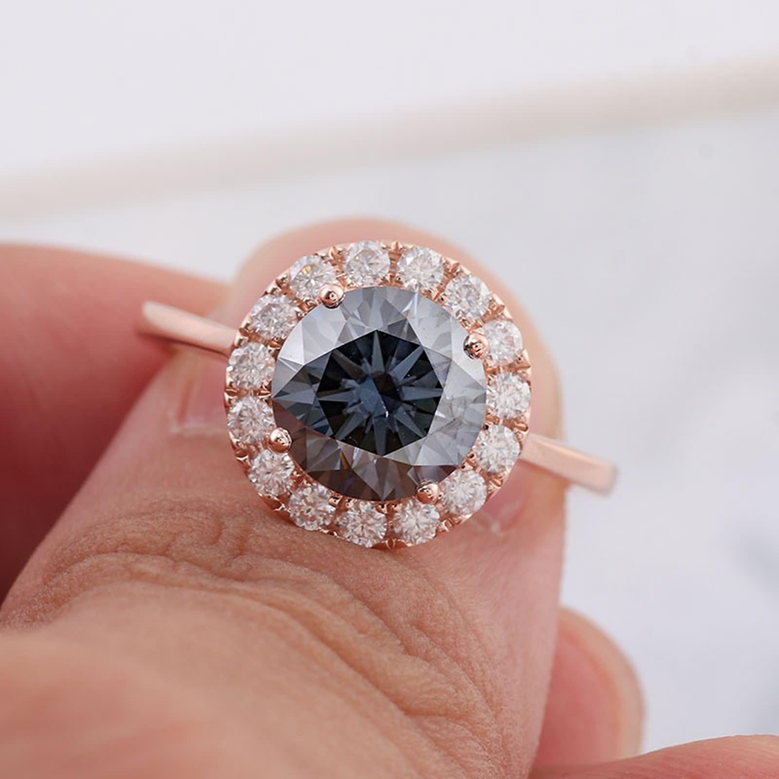 Moissanite Bague de Fiançailles Bague Dee Rose 9 Carats Rond avec Moissanite Grise Taille Mère pour Sœur Noël Bijoux