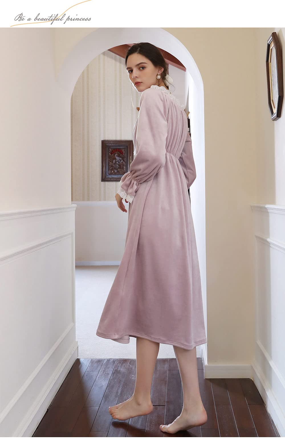 Camisón De Noche Para Mujer,Camisones De Mujer De Manga Larga Púrpura Sexy Moda De Encaje En V Profundo Camisón De Franela Suave Cuello En V Suelto Bata Informal Camisón Largo Ropa De Hogar De I