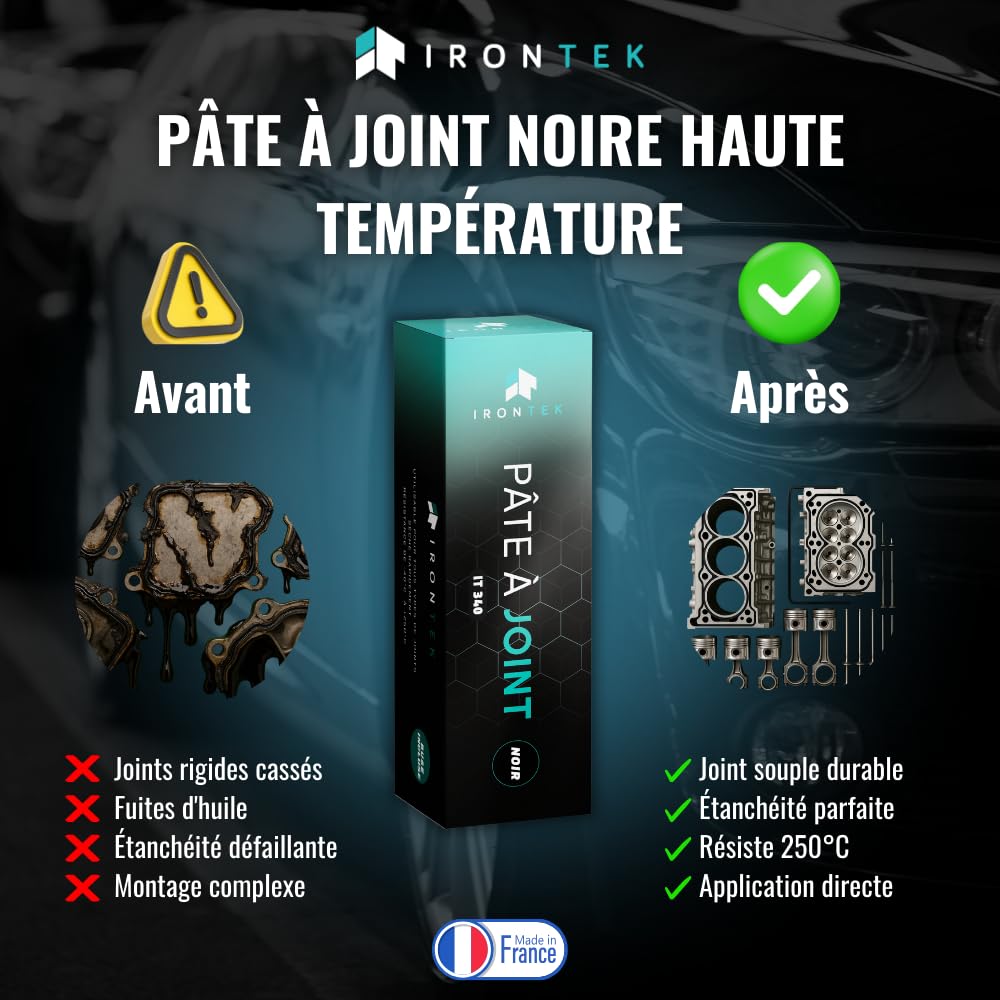 Pâte Joint Carter Moteur 80ml - IRONTEK | IT340 | Silicone Noir -50°C +250°C | Résiste Huiles Hydrocarbures | Pompe Culasse