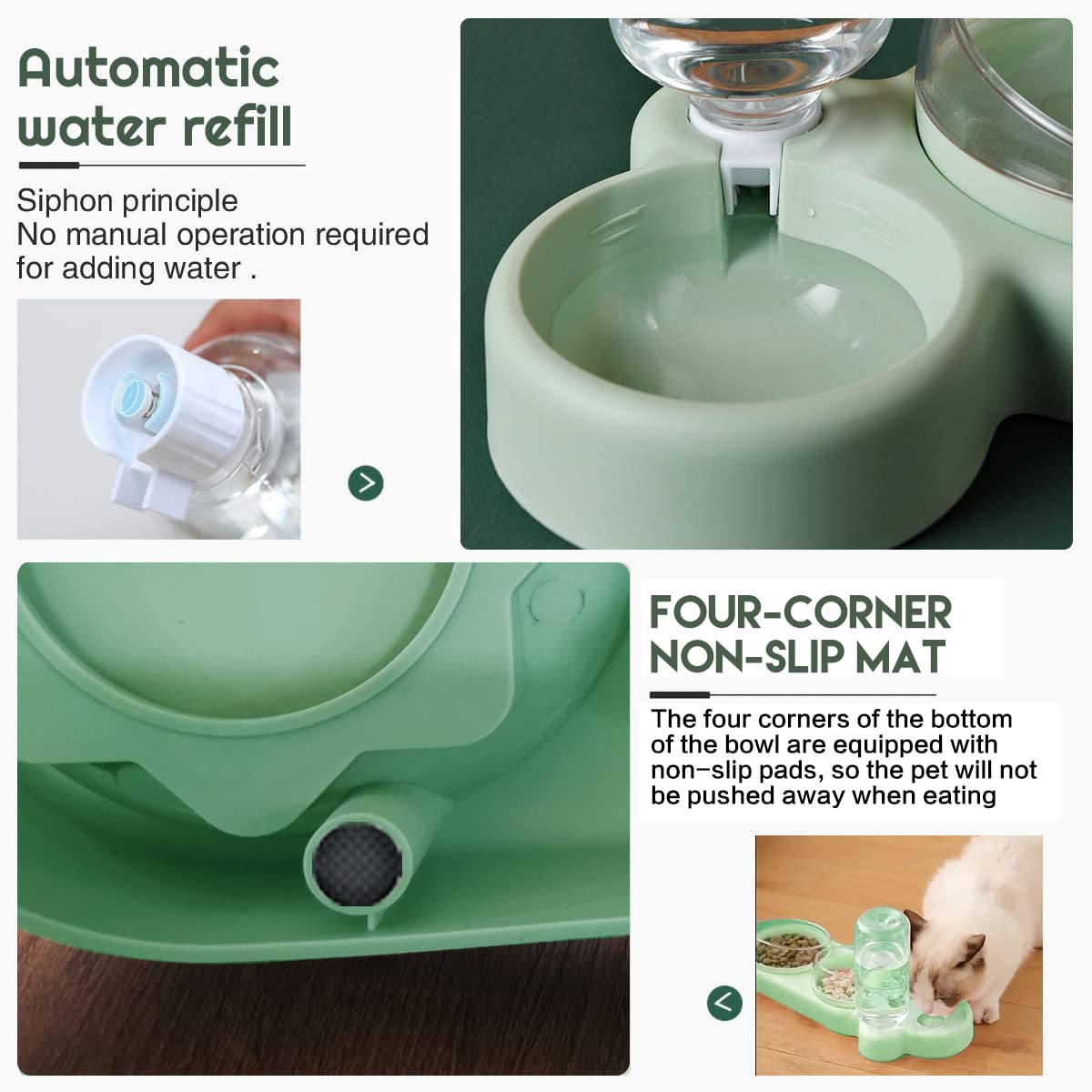 auvstar Double Gamelle Chat Surélevée,Inclinable à 15° Bol pour Chat Anti-Vomissements Bol pour Animaux de Compagnie 3-en-1 à Stockage d'eau Automatique,Disponible pour Les Chats et Les Chiots (Vert)