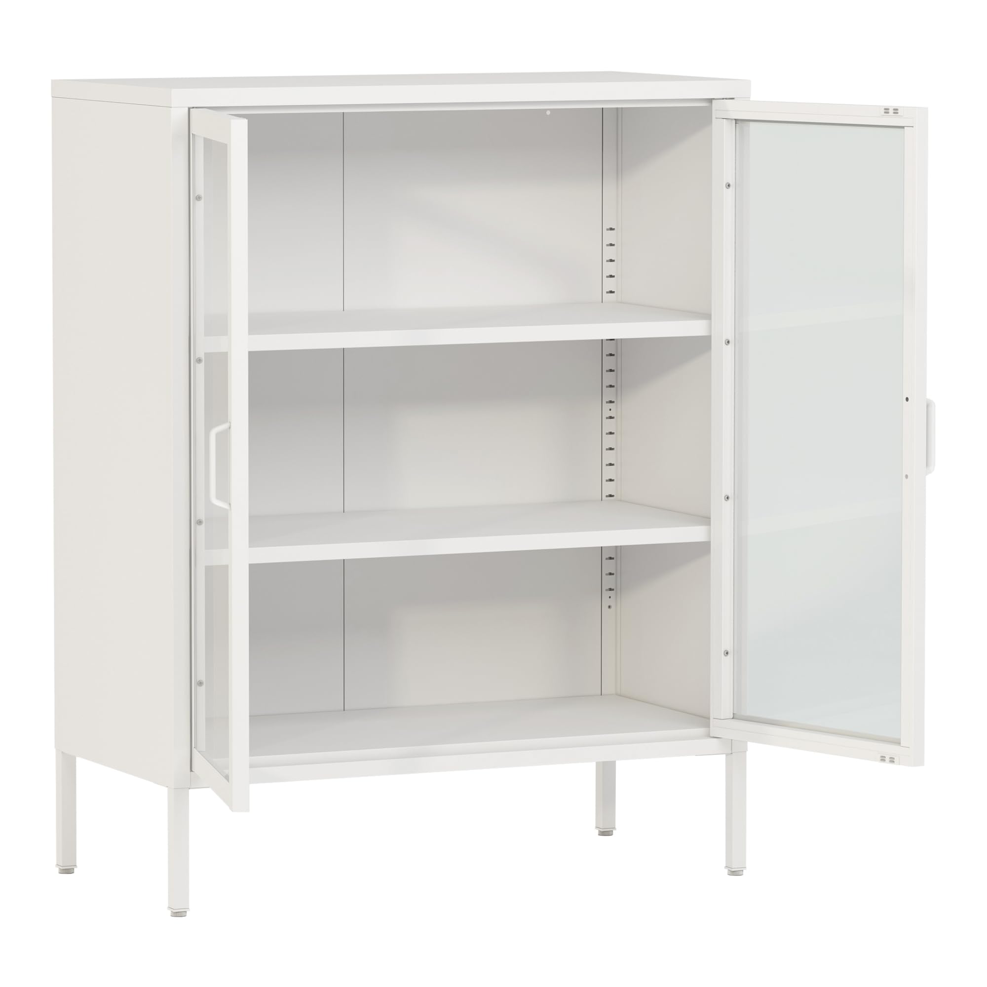 [en.casa] Comò in Acciaio con 2 Ante in Vetro Temperato Credenza per Soggiorno 101,5 x 80 x 40 cm Armadietto a Vetrata con 3 Scomparti - Bianco
