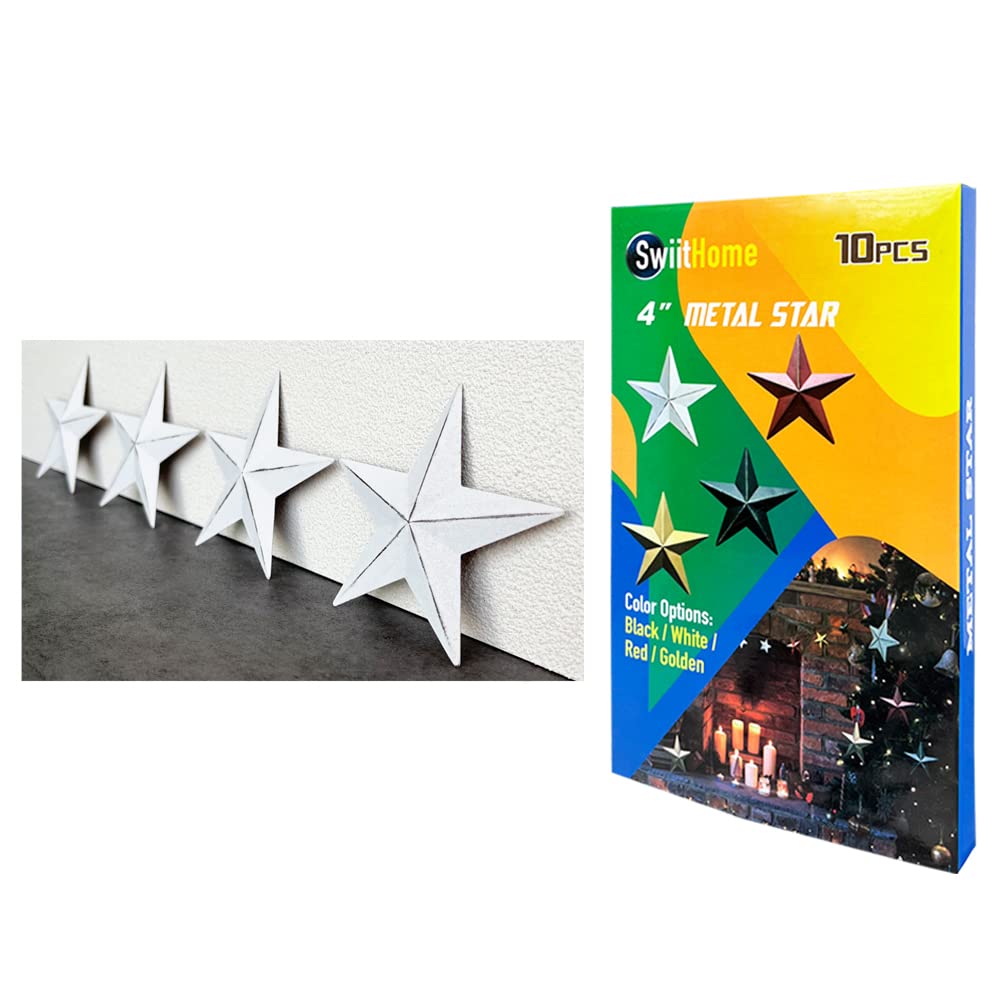SWIITHOME 10 Piece 4 Inch Metal Star, Barn Star for Home Decoration, Hanging Wall Decor for House, Iron Vintage Wall Arts and Crafts, Christmas Indoor Outdoor Decorations (White)