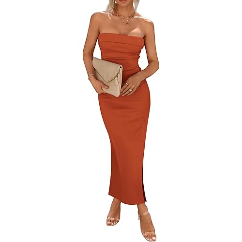 PRETTYGARDEN Womens Summer Bodycon Maxi Tube Dress Ribbed Strapless Side Slit Long Going Out Casual Elegant Party Dresses