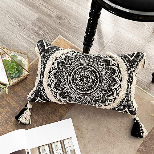 Ojia Farmhouse Mandala Lumbar Throw Pillow Cover, Decorative Black And Cream Pillowcase Neutral Tufted With Tassels Bohemia Accent Cushion Cover For Couch Sofa Living Room Decor (12X20 Inch, Mandala) #TOP2
