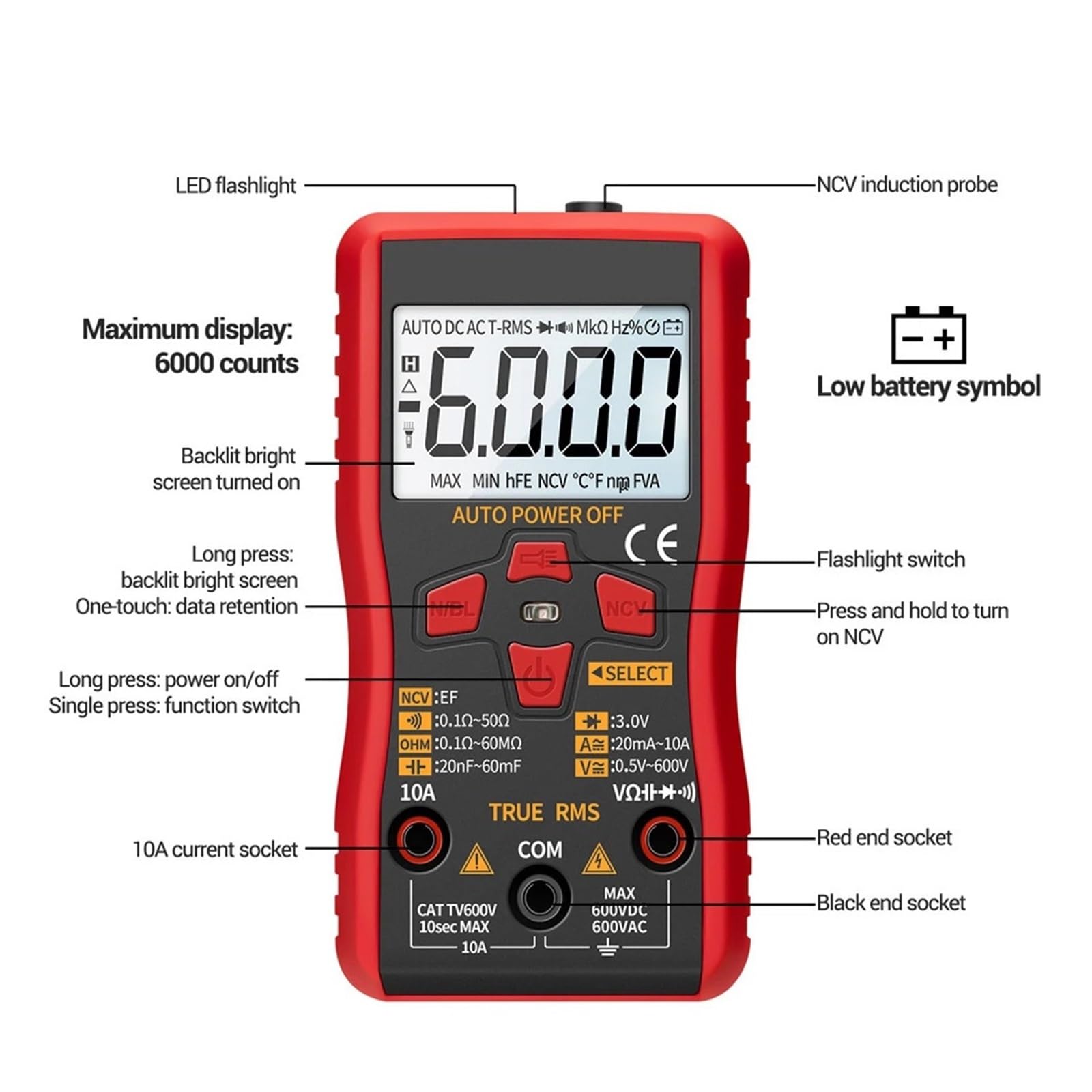 Mini Multímetro Digital Tester Auto Mmultimetro True Tranistor Meter Con NCV Data Hold 6000counts Linterna Lectura Rápida Precisa Sencilla