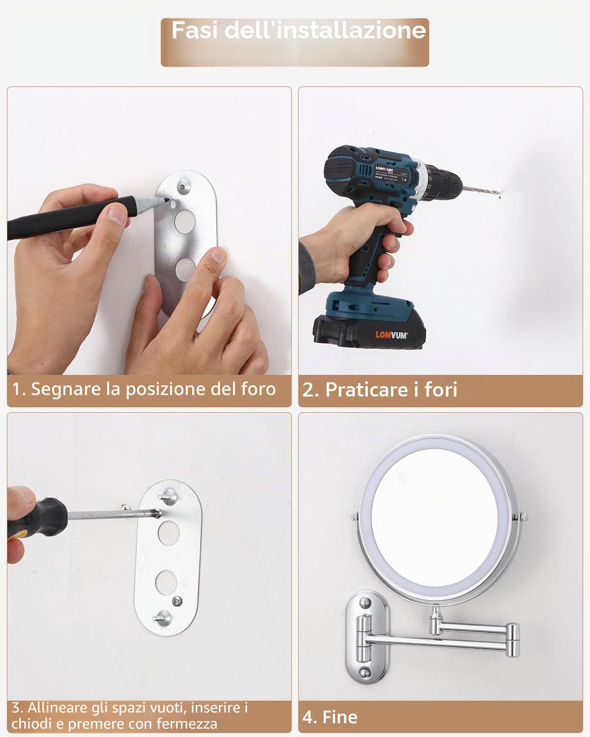 Specchio cosmetico con Ingrandimento, a LED da barba da parete girevole a 360° per bagno con illuminazione 1X / 10X