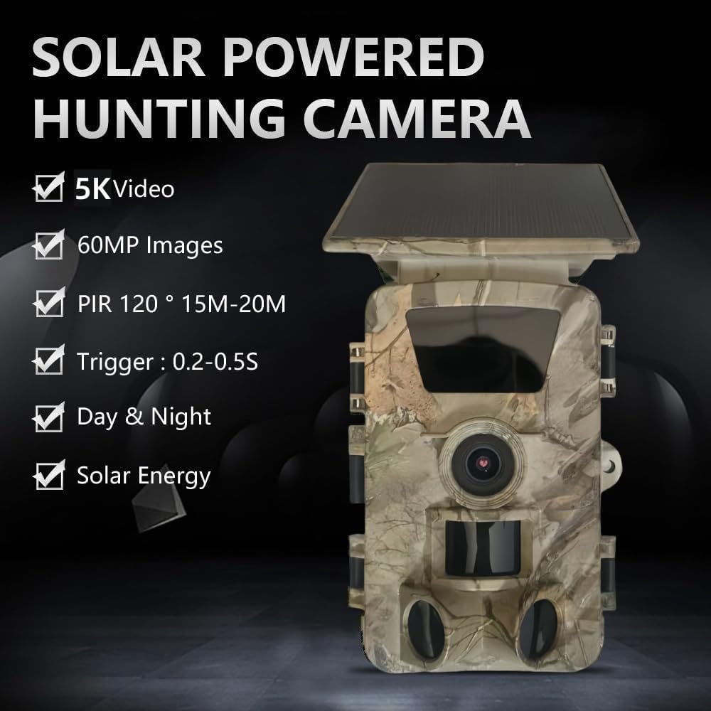 Solar Wildkamera 5K HD 60MP mit Nachtsicht & WLAN-App, 5200mAh Akku + Solar, 0.2s Auslöser, 120° IP67 Wasserdicht, Bewegungsmelder für Outdoor-Tierüberwachung