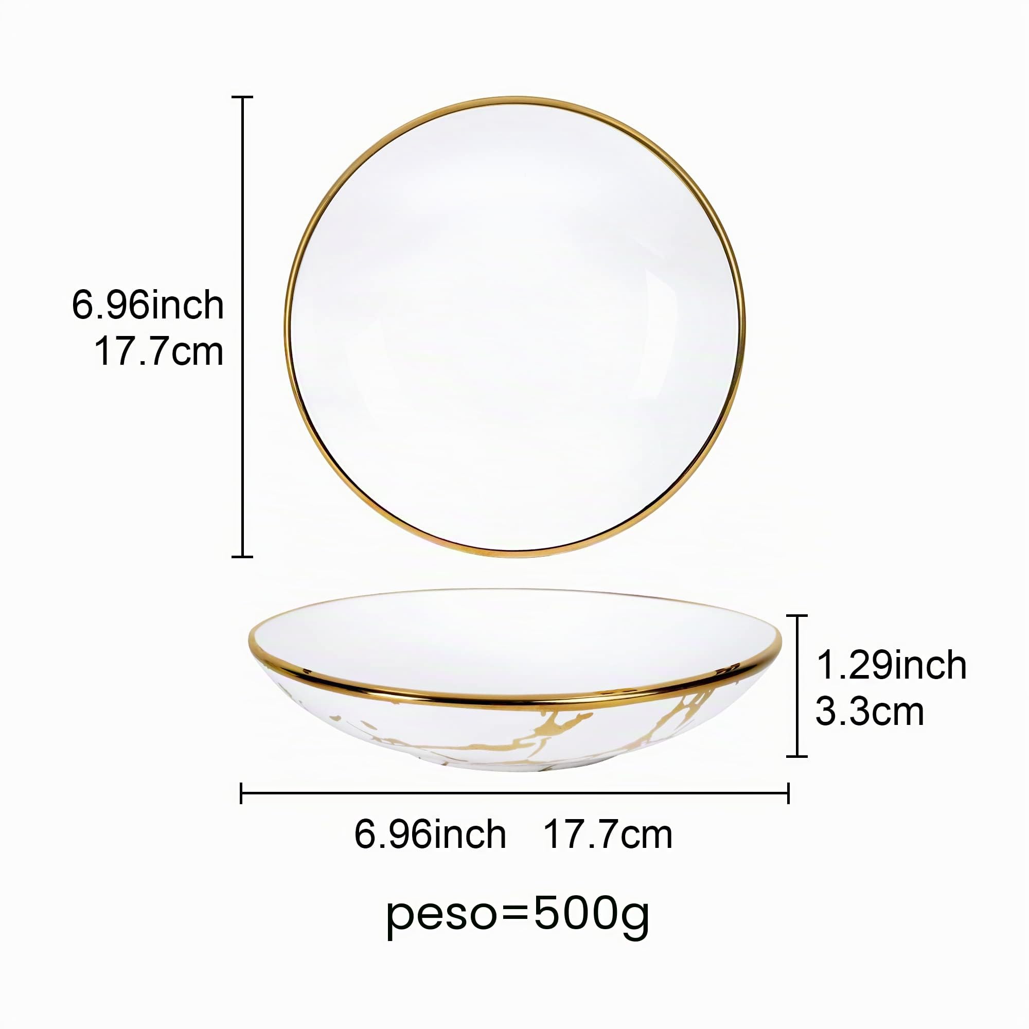 fanquare Juego de 4 Cuencos de Pasta de Porcelana de Mármol, Cuenco de Ensalada de 500 ml con Ribete Dorado, Apto para Lavavajillas y Microondas