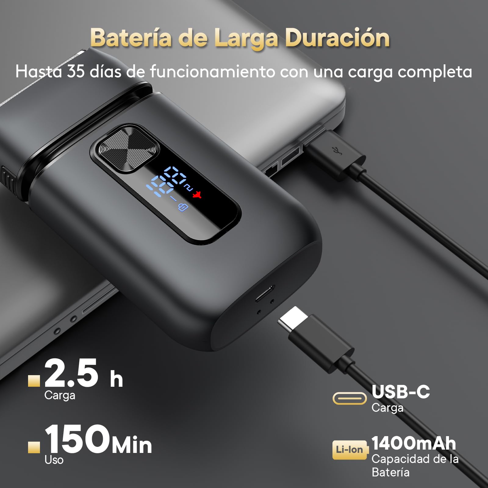 Brightup Afeitadora Eléctrica Hombre, Máquina de Afeitar con Recortador Emergente, Recargable USB-C, 150 Min de Uso, Resistente al Agua y Sin Cable, Doble Hoja Flotante para Afeitado Apurado, Negro