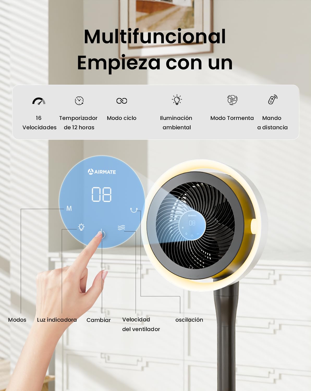 AIRMATE Ventilador de Pie Silencioso con Luz, Ventiladores de Pie Hurricane, Ventilador Oscilante 120°/90°/60° Pantalla LED 16 Velocidades 12H Timer Control Remoto Dormitorio Hogar Oficina 30dB, 120cm