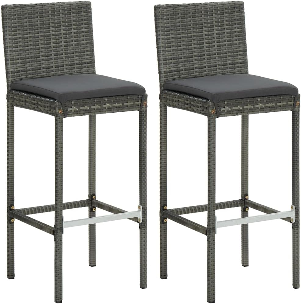3 Piece Outdoor Rattan Bar Set, Patio Bar Furniture with 2 Cushions Stools and Bar Table, Outdoor Conversation Set for Poolside, Backyard, Lawn, Gray