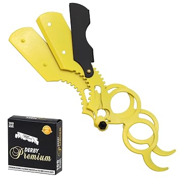 Universal Replaceable Half Blade Straight Razor with 100 Blades, Professional Double Ring Barber Single Edge Shave Razor Lime Yellow