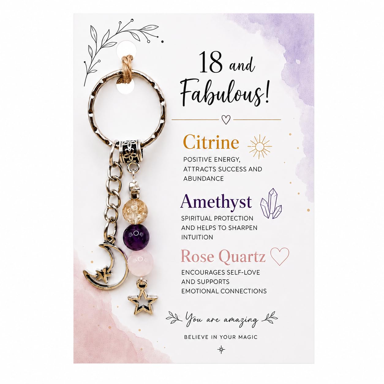 Virelle 18th Birthday Gifts for Girls Crystal Keyring with Citrine Amethyst Rose Quartz – 18 and Fabulous Keychain for Daughter Granddaughter Niece Sister
