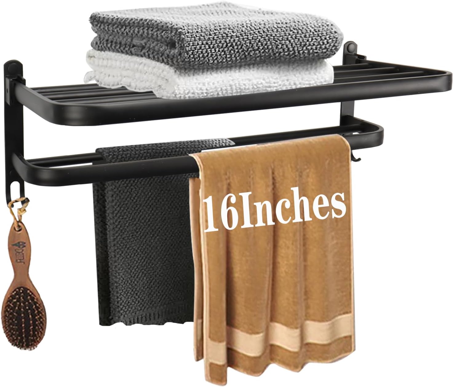 Towel Rack for Bathroom, Bath Towel Holder with Double Towel Bar and Foldable Towel Shelf, Rustproof Towel Organizer Wall Mounted Towel Storage Hanger for Bath/Balcony/Lavatory(16In Black)