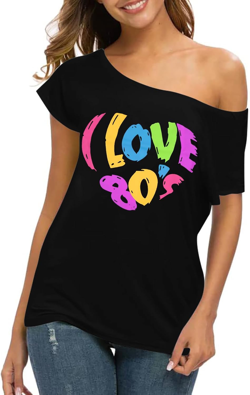 80s Outfit for Women 80's Retro Theme Party Shirts Vintage Disco Outfits 1980s Clothes 90s Neon Off Shoulder Tops