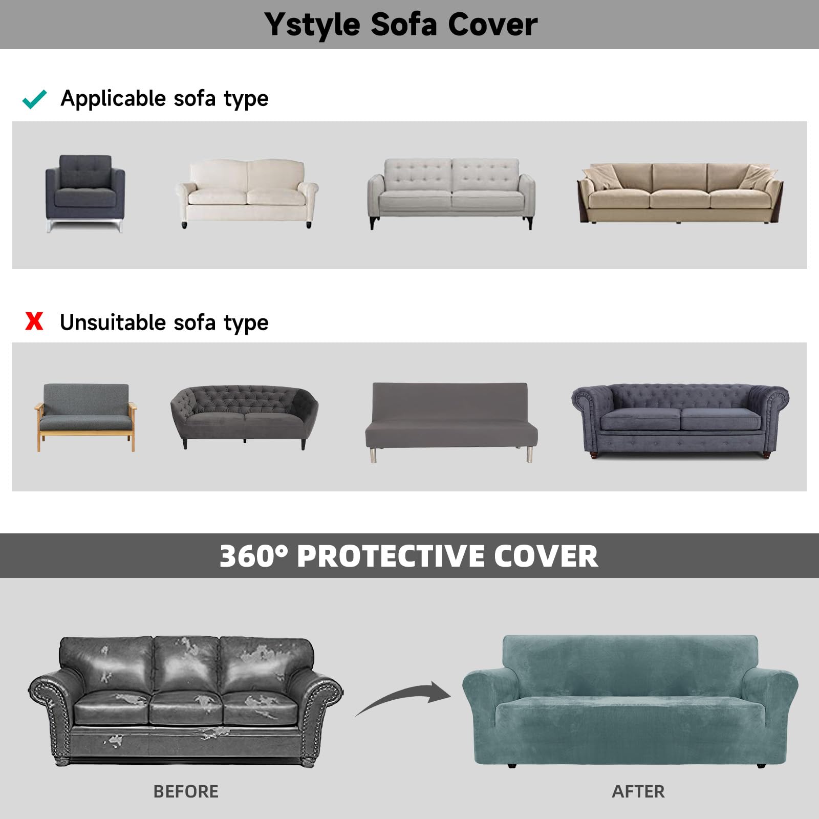 Ystyle Elastischer Samt Sofabezug 3 Sitzer, Grau Blau | Stretch Sofa Überzug, Sofaschoner Rutschfest, Couch Überzug, Sofa Cover mit Armlehnen, Sesselschoner Sofaschutz Katze