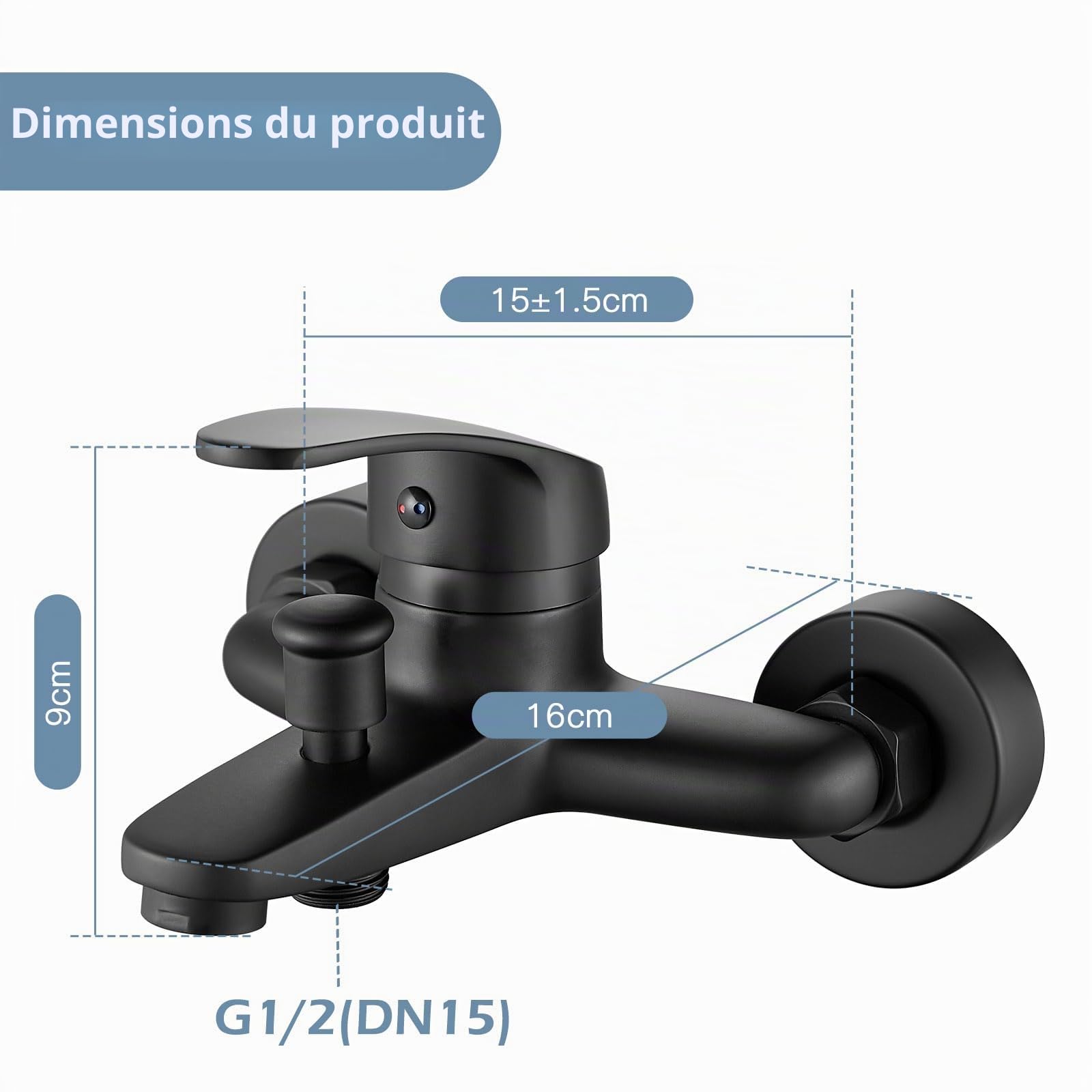 Robinet de Baignoire Noir, Mitigeur de Baignoire Noir avec Douchette et Flexible de Douche (1.5m) Support, Mitigeur monocommande de Douche Mural, Robinet Douche Universel Filetage G1/2