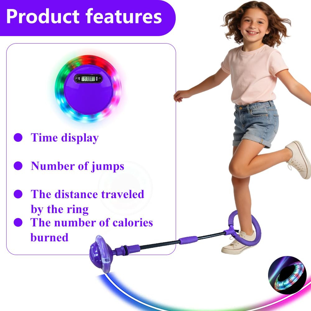 Anyingkai Blinkender Springring Fußkreisel mit Zähler, Swing Wheel mit Lichtrad, Blinkender Sprungball,Faltbarer Ankle Skip Ball,Jumping Ball and Skipping Rope,Sport Sprung (Lila-B)