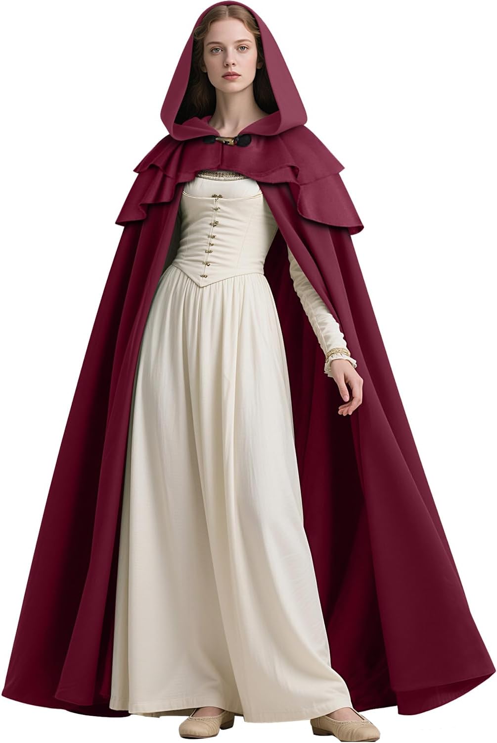 L'VOW Medieval Hooded Cloak Renaissance Cape with Ruffled Shawl Collar for Women Men Halloween Cosplay