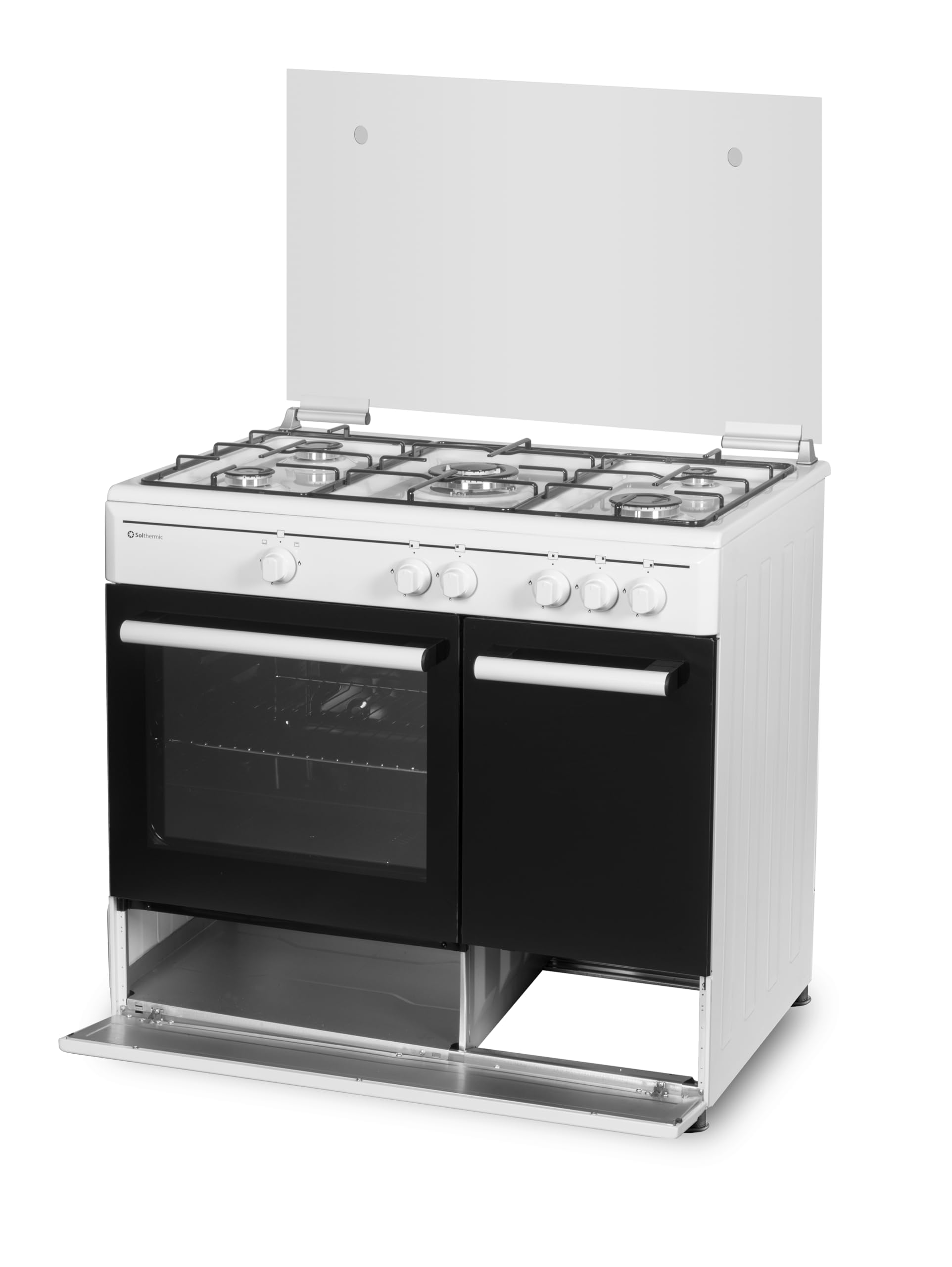 SOLTHERMIC F9LG50G2W COCINA GAS PORTABOMBONA BLANCA DISEÑO MODERNO / 5 FUEGOS/HORNO 64 L. / GAS BUTANO Y GAS CIUDAD